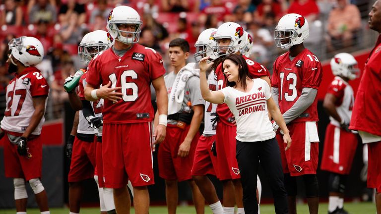 GLENDALE, AZ - AUGUST 02:  Intern linebacker coach Jen Welter of the Arizona Cardinals works with players during the team training camp at University of Ph