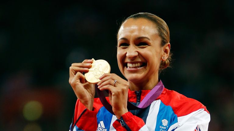 Jessica Ennis-Hill poses on the podium after winning gold in 2012