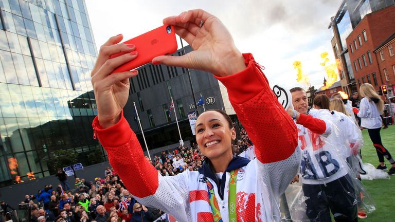 Jessica Ennis-Hill of Great Britain takes a selfie during a Rio 2016 Victory Parade