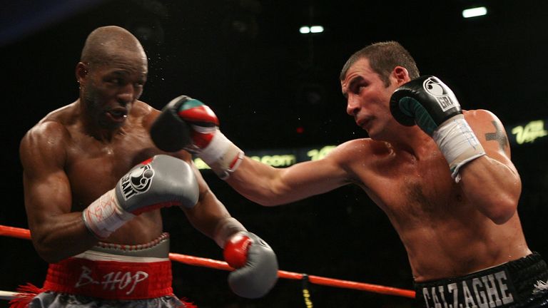 LAS VEGAS - APRIL 19:  (R-L) Joe Calzaghe of Wales connects with a right to the face of Bernard Hopkins during their light heavyweight bout at Thomas & Mac