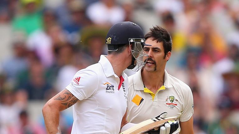 MELBOURNE, AUSTRALIA - DECEMBER 28: Kevin Pietersen of England and Mitchell Johnson of Australia exchange words during day three of the Fourth Ashes Test M