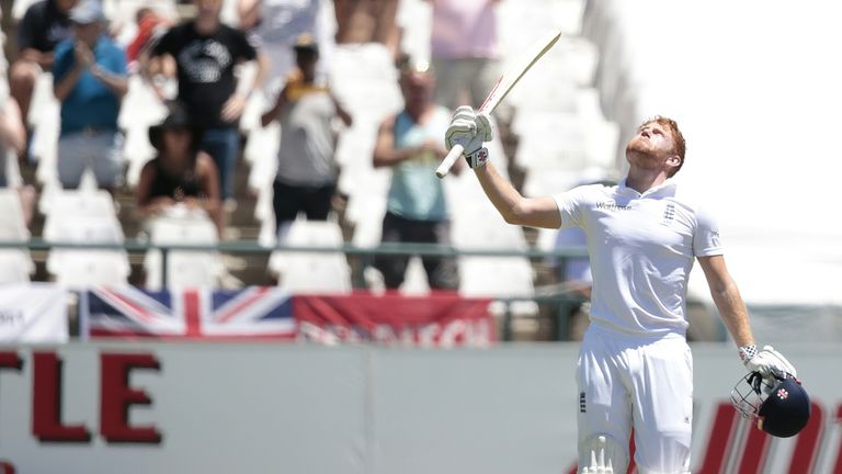 Jonny Bairstow looks to the heavens after completing his first Test century