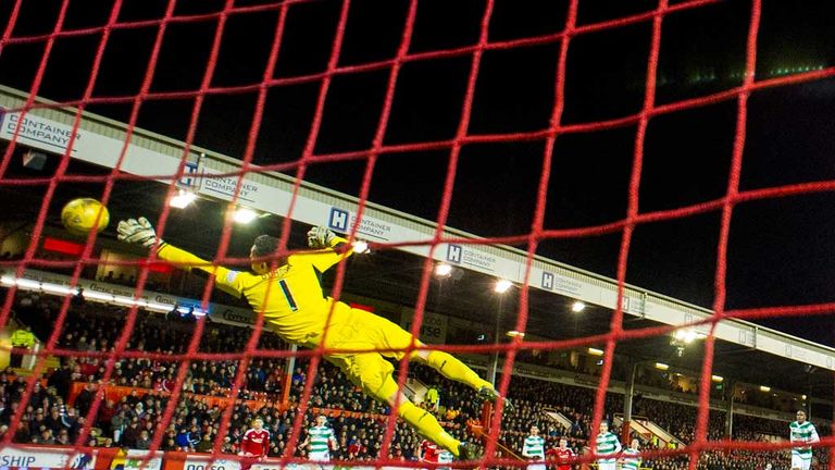 Craig Gordon is beaten by Jonny Hayes in Aberdeen's 2-1 win in February