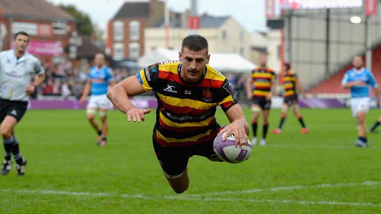 GLOUCESTER, ENGLAND - OCTOBER 22:  Jonny Mayof Gloucester Rugby dives in to score their second try during the European Rugby Challenge Cup match between Gl