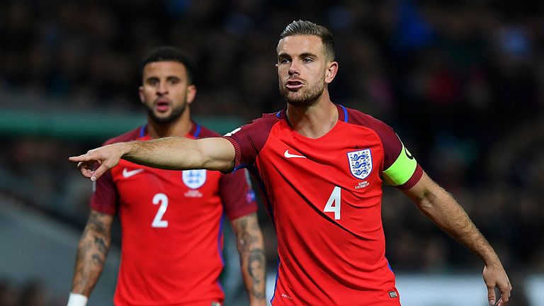  Jordan Henderson of England signals to his team-mates during the FIFA 2018 World Cup Qualifier Group F match