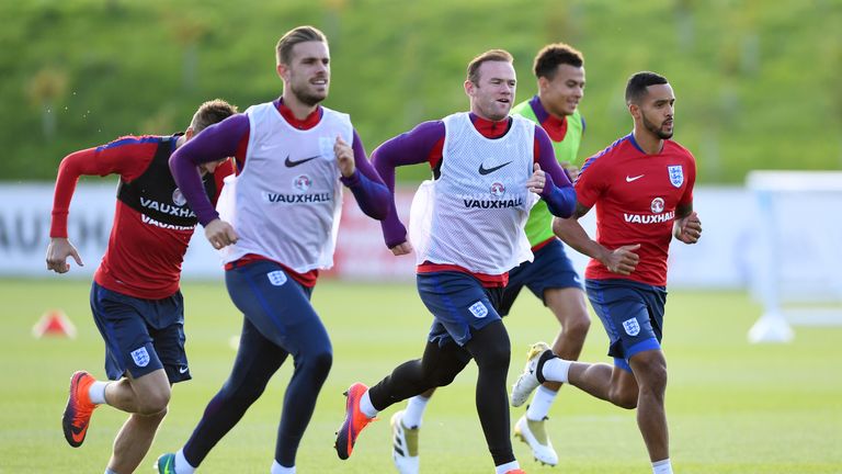 (L-R) Jamie Vardy, Jordan Henderson, Wayne Rooney, Dele Alli and Theo Walcott of England run during an England training session