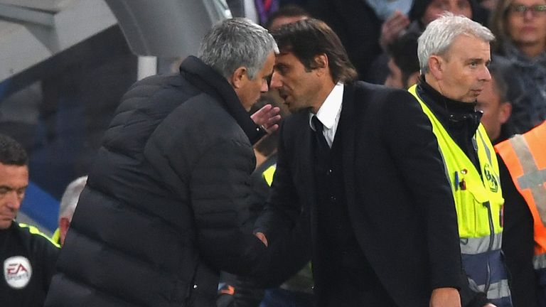 LONDON, ENGLAND - OCTOBER 23:  Chelsea manager Antonio Conte and Manchester United manager Jose Mourinho exchange words at the end of the Premier League ma