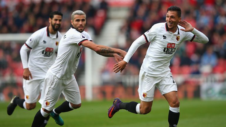 MIDDLESBROUGH, ENGLAND - OCTOBER 16:  Jose Holebas of Watford celebrates scoring his sides first goal with Valon Behrami of Watford during the Premier Leag