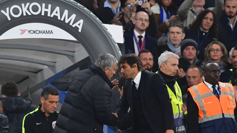Antonio Conte shakes hands with Jose Mourinho after the final whistle