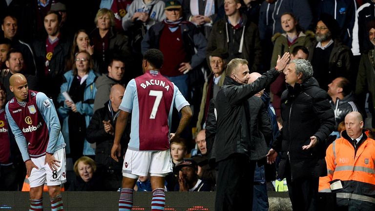 Jose Mourinho is sent off by Jonathan Moss during a Chelsea game at Aston Villa