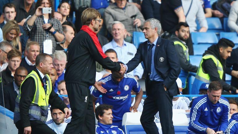 Jurgen Klopp, manager of Liverpool and Jose Mourinho Manager of Chelsea shake hands after the Barclays Premier League match 