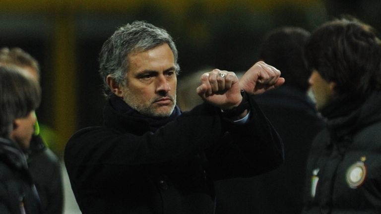 Jose Mourinho makes a handcuff gesture during an Inter Milan clash with Sampdoria
