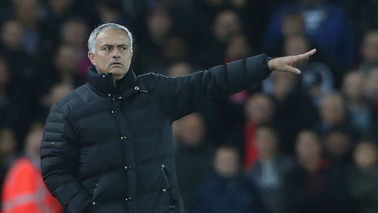 Jose Mourinho reacts on the touchline during the Premier League match between Liverpool and Manchester United