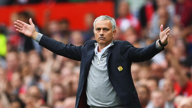 MANCHESTER, ENGLAND - SEPTEMBER 24: Jose Mourinho, Manager of Manchester United reacts during the Premier League match between Manchester United and Leices