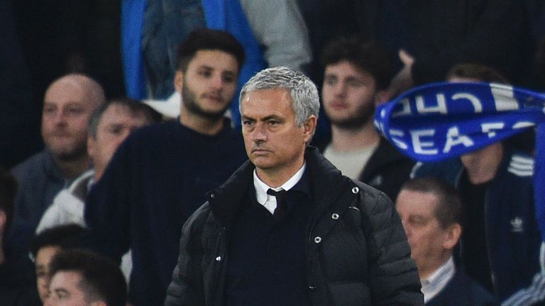 Manchester United's Portuguese manager Jose Mourinho looks on from the touchline during the English Premier League football match between Chelsea and Manch