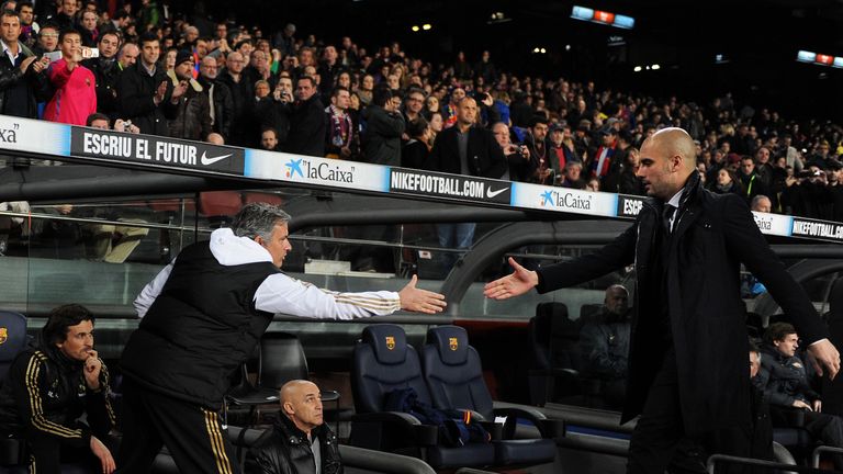 Guardiola greets Mourinho during their time in Spain