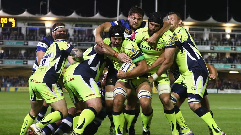 BATH, ENGLAND - OCTOBER 07: Josh Beaumont of Sale holds onto the ball during the Aviva Premiership match between Bath Rugby and Sale Sharks at the Recreati