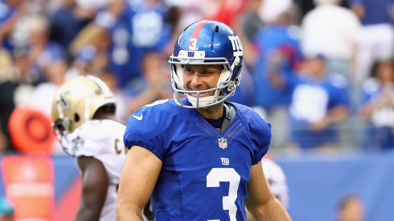 EAST RUTHERFORD, NJ - SEPTEMBER 18:  Kicker Josh Brown #3 of the New York Giants celebrates kicking the game-winning field goal against the New Orleans Sai