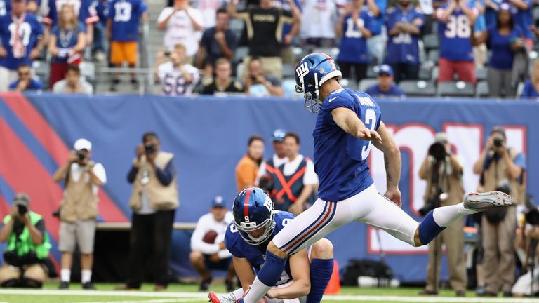 EAST RUTHERFORD, NJ - SEPTEMBER 18:  Kicker Josh Brown #3 of the New York Giants kicks the game-winning field goal against the New Orleans Saints in the fo