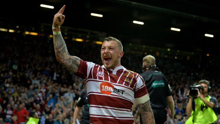  Wigan's Josh Charnley celebrates his try