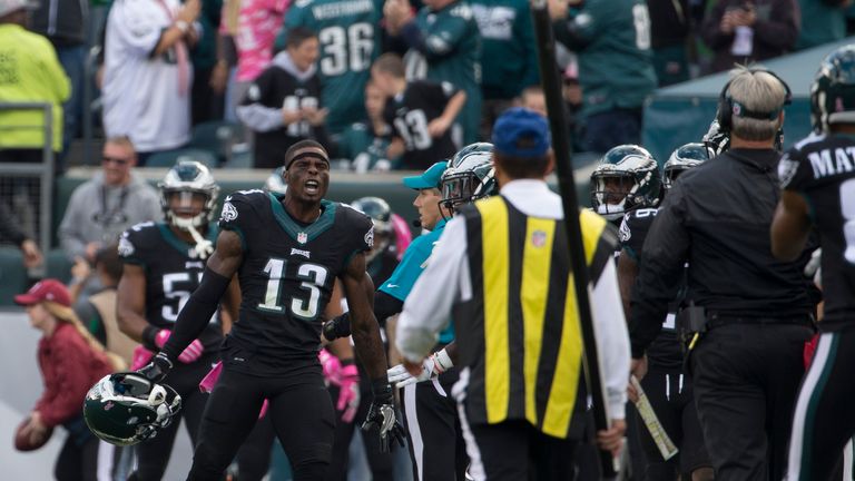 PHILADELPHIA, PA - OCTOBER 23: Josh Huff #13 of the Philadelphia Eagles reacts after returning a kickoff for a touchdown the in the second quarter against 