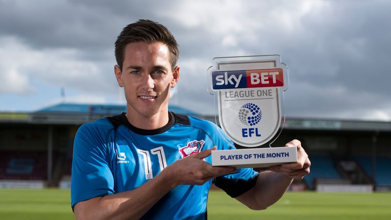 Josh Morris of Scunthorpe with the Sky Bet League One Player of the Month Award for September..6th October 2016.Picture By Mark Robinson..