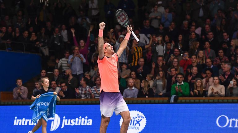 Juan Martin Del Potro celebrates moments  after defeating Jack Sock in the Stockholm Open final