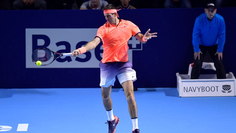 Juan Martin Del Potro of Argentina in action during the Swiss Indoors ATP 500 tennis tournament match against Robin Haase