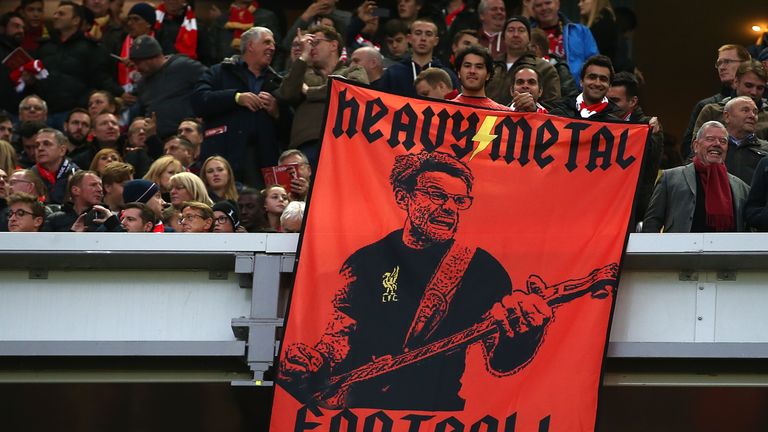 LIVERPOOL, ENGLAND - OCTOBER 22:  A Jurgen Klopp flag during the Premier League match between Liverpool and West Bromwich Albion at Anfield on October 22, 