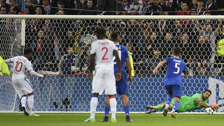 Lyon's French forward Alexandre Lacazette (L) shoots a penalty stoped by Juventus' Italian goalkeeper Gianluigi Buffon (R) during the Champions League foot