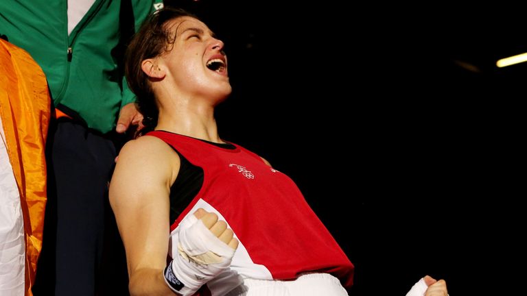 LONDON, ENGLAND - AUGUST 09:  Katie Taylor of Ireland reacts in her corner after defeating Sofya Ochigava of Russia during the Women's Light (60kg) Boxing 