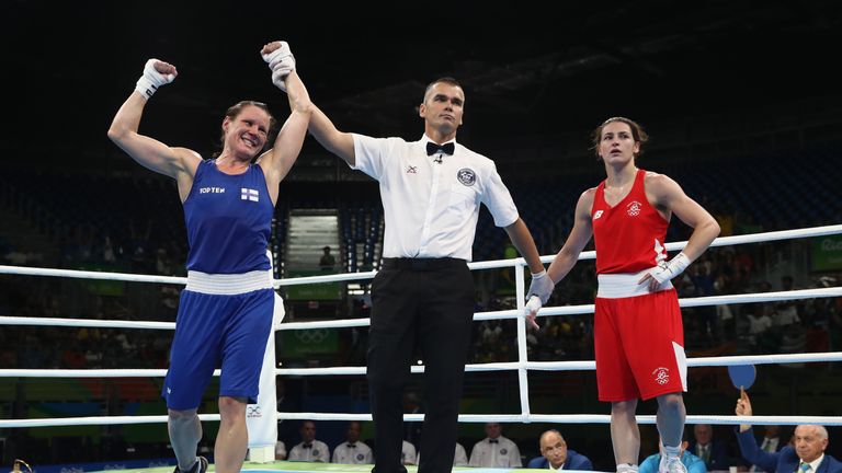 RIO DE JANEIRO, BRAZIL - AUGUST 15:  Katie Taylor of Republic of Ireland loses to Mira Potkonen of Finland in the womens Lightweight 57-60kg during the Box