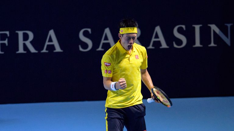 Kei Nishikori of Japan celebrates a point during the Swiss Indoors ATP 500 tennis tournament match against Paolo Lorenzi 