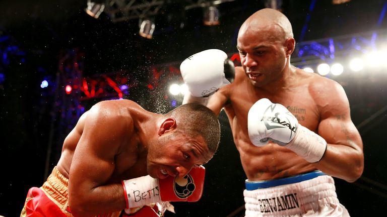 HULL, ENGLAND - JULY 13:  Kell Brook (L) in action with Carson Jones during their International Welterweight bout at Craven Park Stadium on July 13, 2013 i