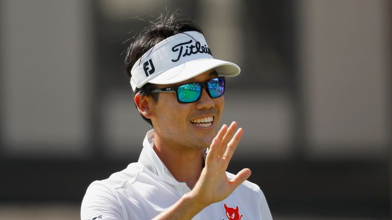 GREENSBORO, NC - AUGUST 20:  Kevin Na reacts after a putt on the ninth hole during the third round of the Wyndham Championship at Sedgefield Country Club o