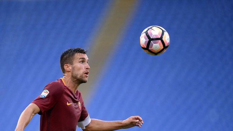 Roma's Dutch midfielder Kevin Strootman eyes the ball during the Italian Serie A football match between Roma and Udinese at the Olympic Stadium in Rome on 