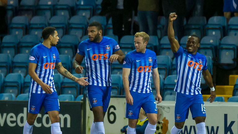 Kilmarnock's Souleymane Coulibaly (R) celebrates with team mates after opening the scoring