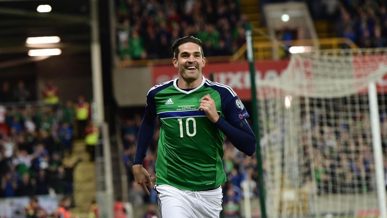 BELFAST, NORTHERN IRELAND - OCTOBER 08: Kyle Lafferty of Northern Ireland celebrates after he scores during the FIFA 2018 World Cup Qualifier between North