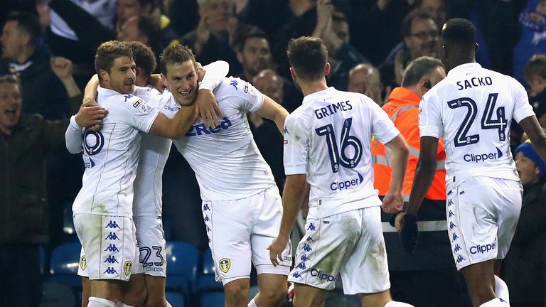 Chris Wood of Leeds United celebrates with team mates after scoring his side's second goal 