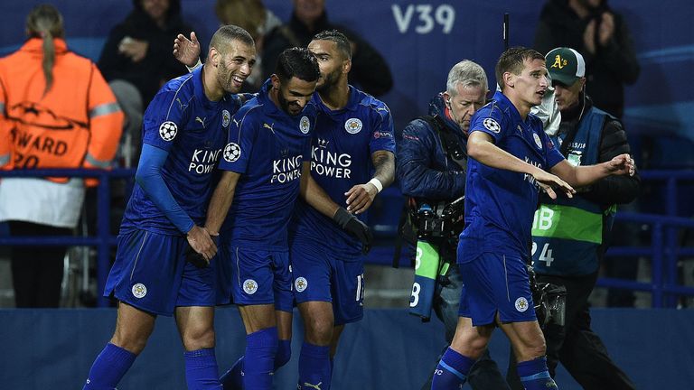 Riyad Mahrez is congratulated after scoring the only goal of the game