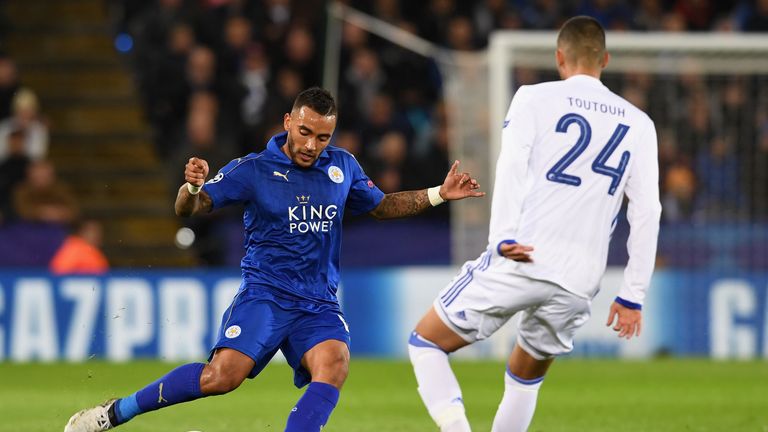 Danny Simpson of Leicester plays a pass during the Champions League