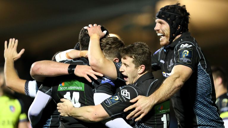 Champions Cup Round 1, Scotstoun Stadium, 14/10/2016.Glasgow vs Leicester Tigers.Glasgow Warriors Leonardo Sarto celebrates his try with teammates.