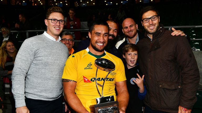 LONDON, ENGLAND - OCTOBER 08:  Leroy Houston of Australia poses with the trophy at the end of The Rugby Championship match between Argentina and Australia 