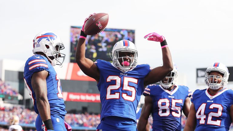 BUFFALO, NY - OCTOBER 16:   LeSean McCoy #25 of the Buffalo Bills celebrates a touchdown against the San Francisco 49ers during the first half at New Era F