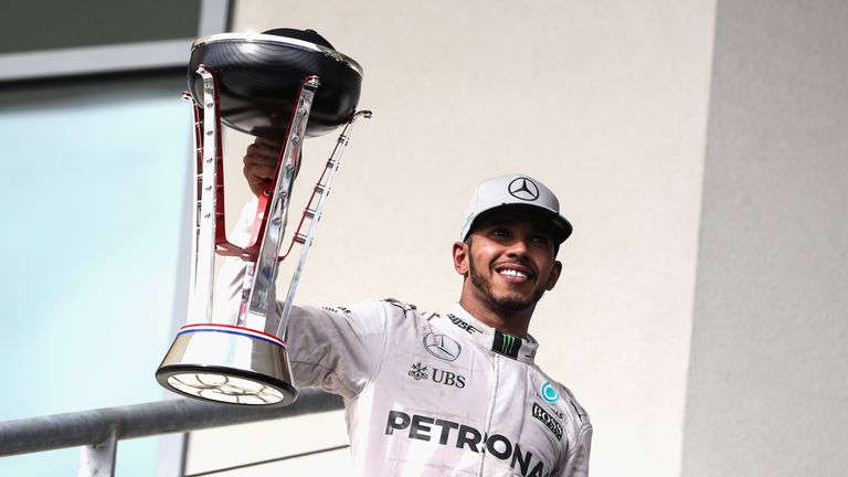 Lewis Hamilton celebrates his win at the United States Grand Prix 