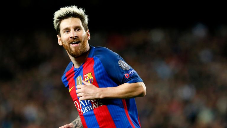 Lionel Messi celebrates his second goal during theChampions League match against Manchester City