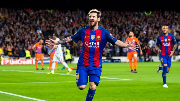Lionel Messi celebrates after opening the scoring against Manchester City
