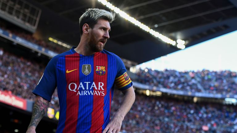 Lionel Messi of FC Barcelona looks on during the  La Liga match between FC Barcelona and RC Deportivo La Coruna at Camp Nou