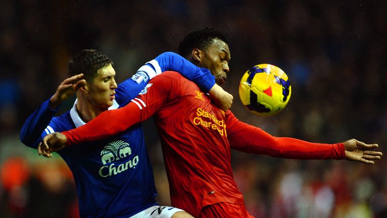 Jan 28: Daniel Sturridge of Liverpool attempts to control the ball under pressure from John Stones of Everton during the Barclays