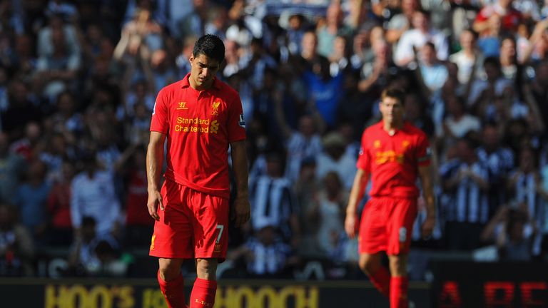 WEST BROMWICH, ENGLAND - AUGUST 18:  Luis Suarez of Liverpool looks dejected after the 3rd goal for West Brom during the Barclays Premier League match betw